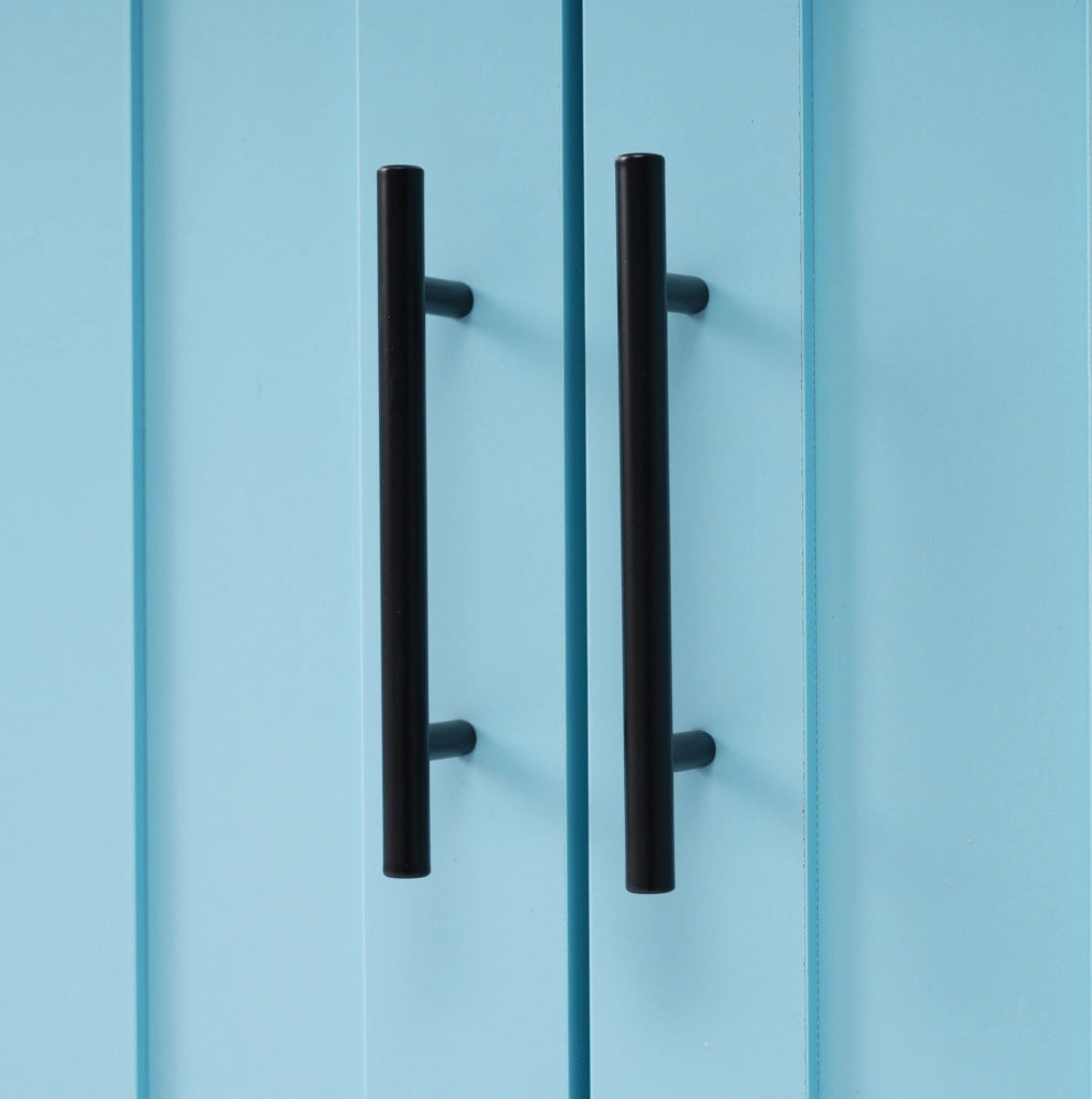 Carrello da cucina in MDF blu con piano pieghevole, ruote e ripiani regolabili