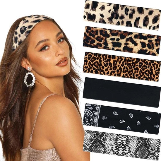 Fascia antiscivolo per capelli - 6 pezzi - Fascia per capelli con design - Adattabile/elasticizzata - Disegno leopardo