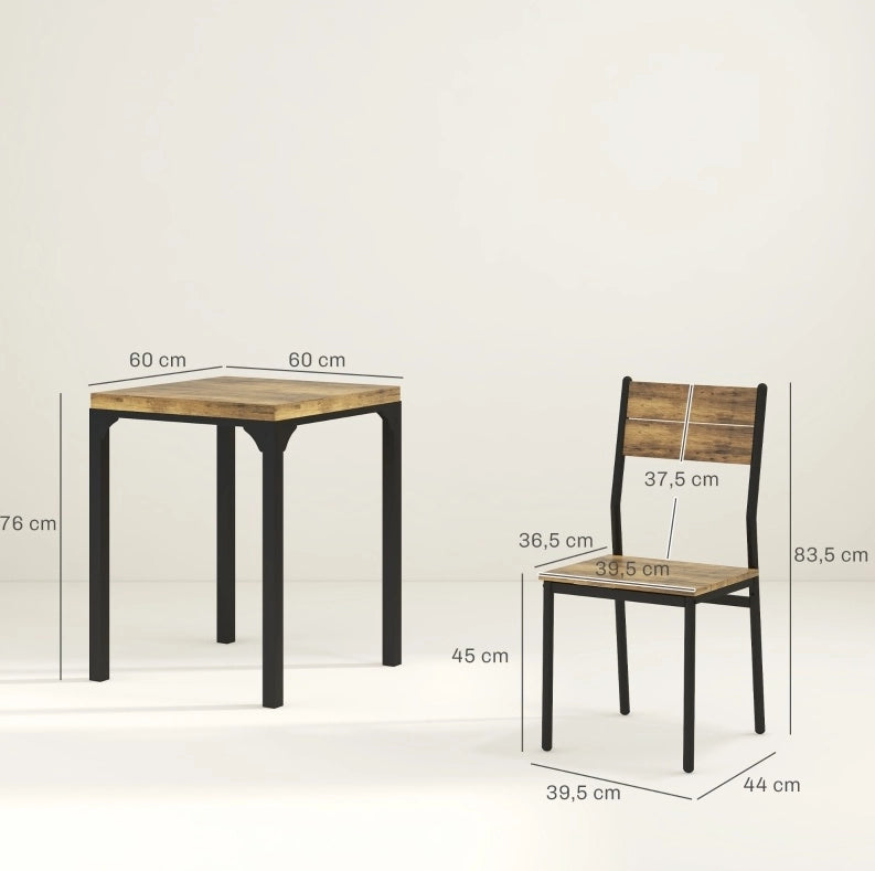 Set tavolo da pranzo con 2 sedie in MDF e acciaio marrone rustico
