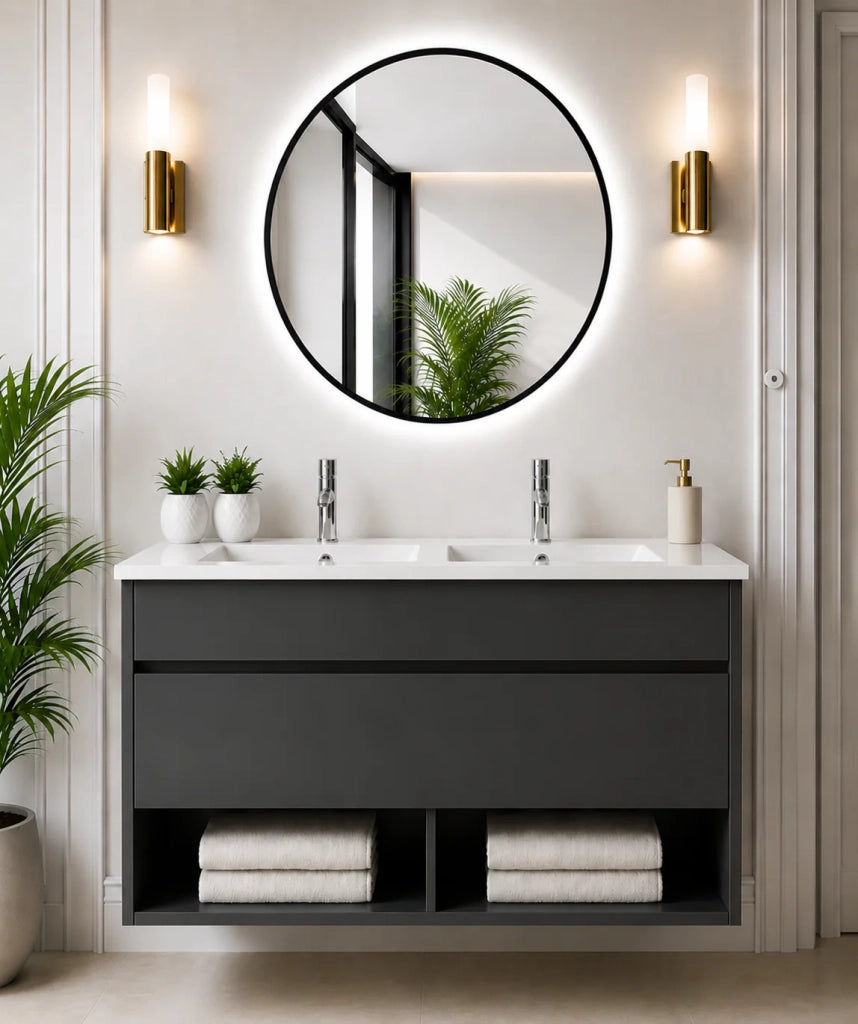 Mobile bagno sospeso con lavabo extrapiano ORIGENBATH NEBARI senza specchio 120x45 cm doppio lavabo grafite
