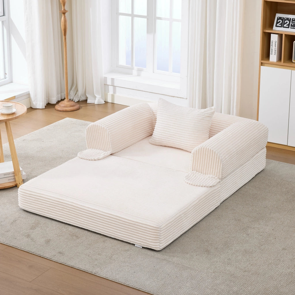 Poltrona letto convertibile 2 in 1 senza montaggio con cuscino in tessuto effetto velluto a coste beige compatta