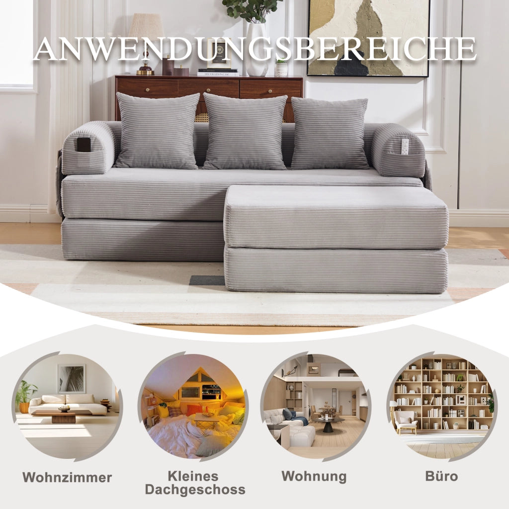 SOFA MODULARE in corduroy 200x190x67 cm Grigio Chiaro con 3 cuscini e poggiapiedi