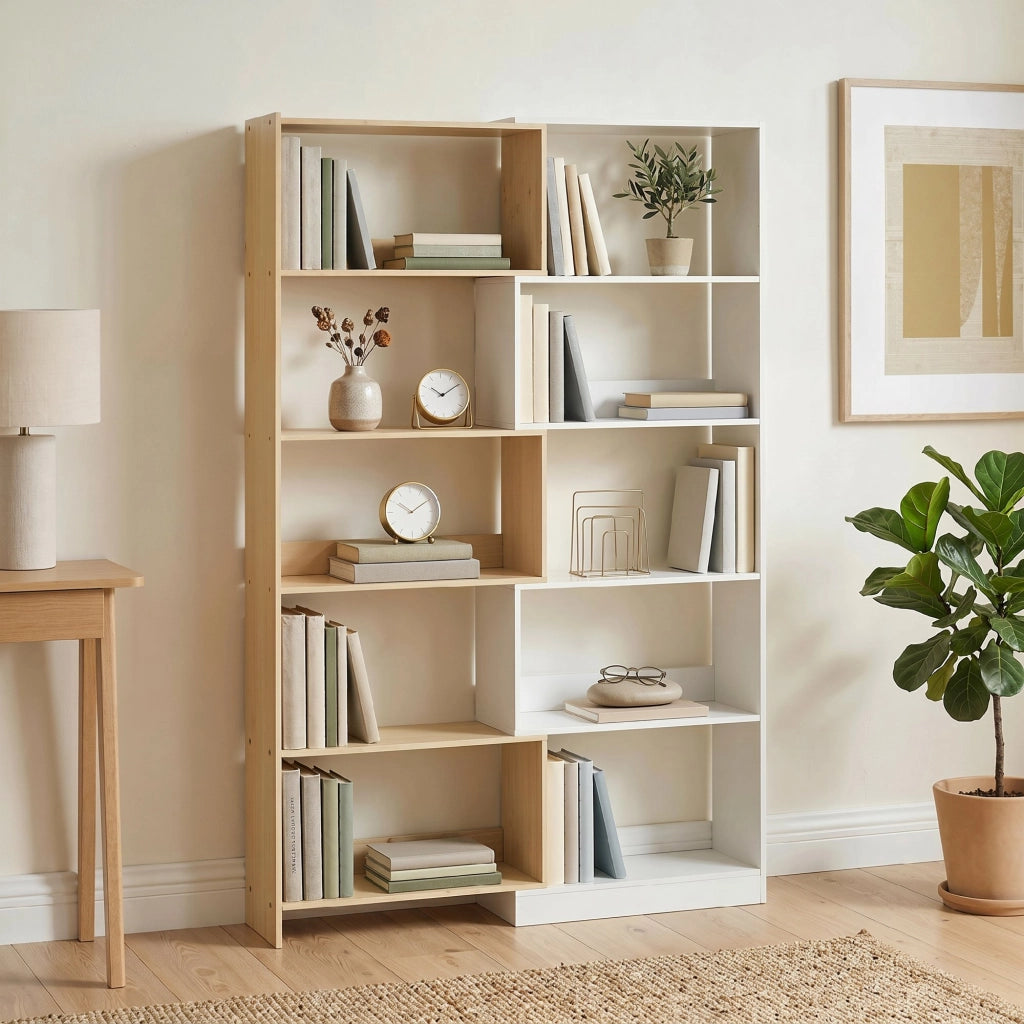Libreria Angolare 67x67x163,7 cm a 5 Ripiani dal Design Modulabile e Salvaspazio in Legno Multicolore