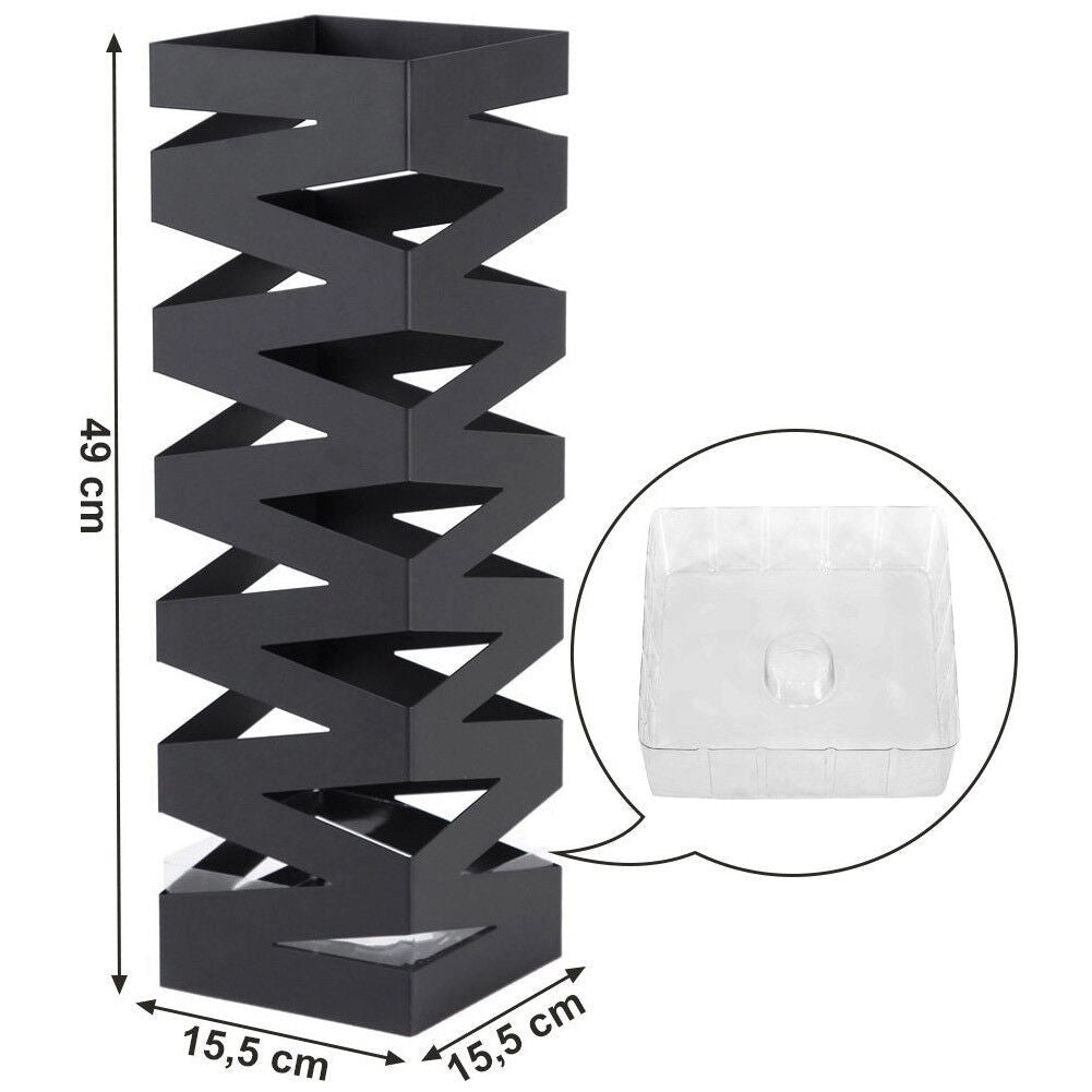 Portaombrelli in Metallo Design Quadrato Stand Nero Vaschetta Salvagoccia
