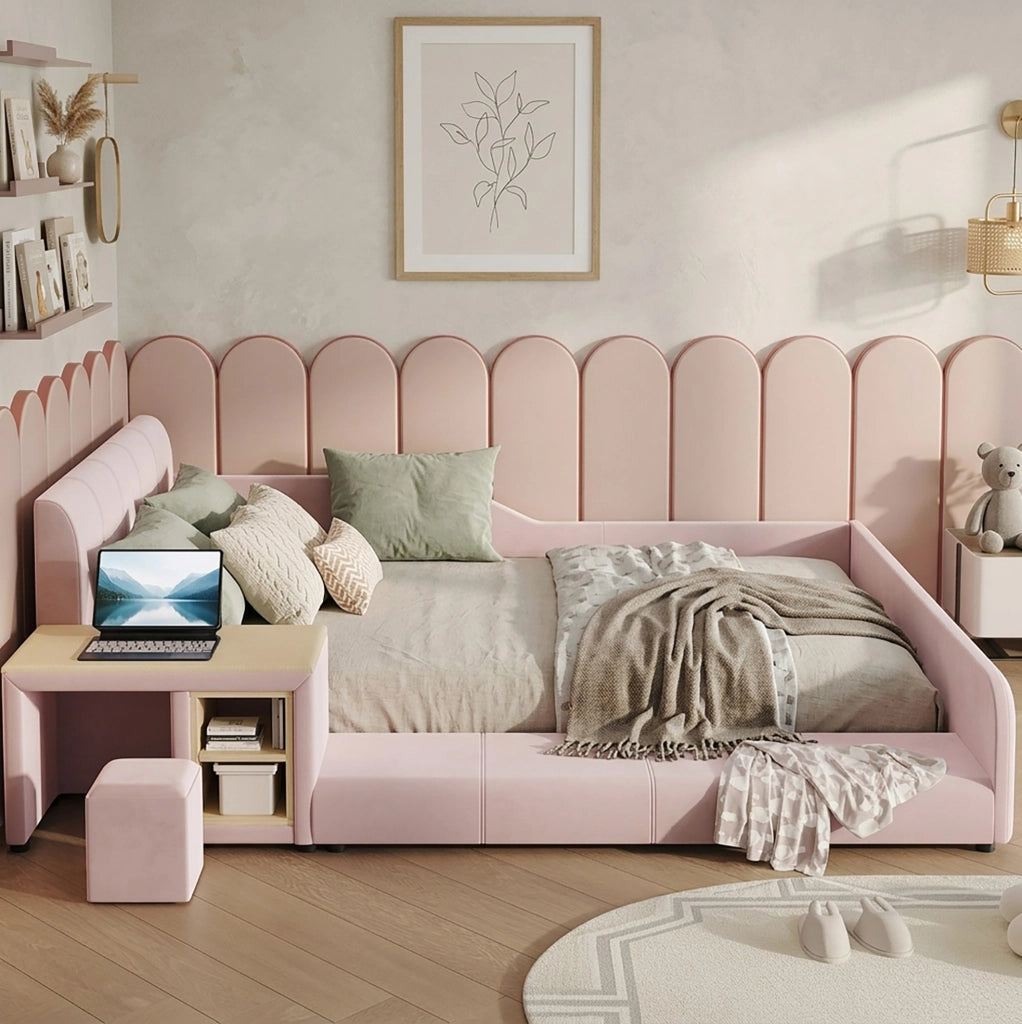 Letto imbottito per bambini con scrivania, sgabello e mensola 140x200 cm rosa