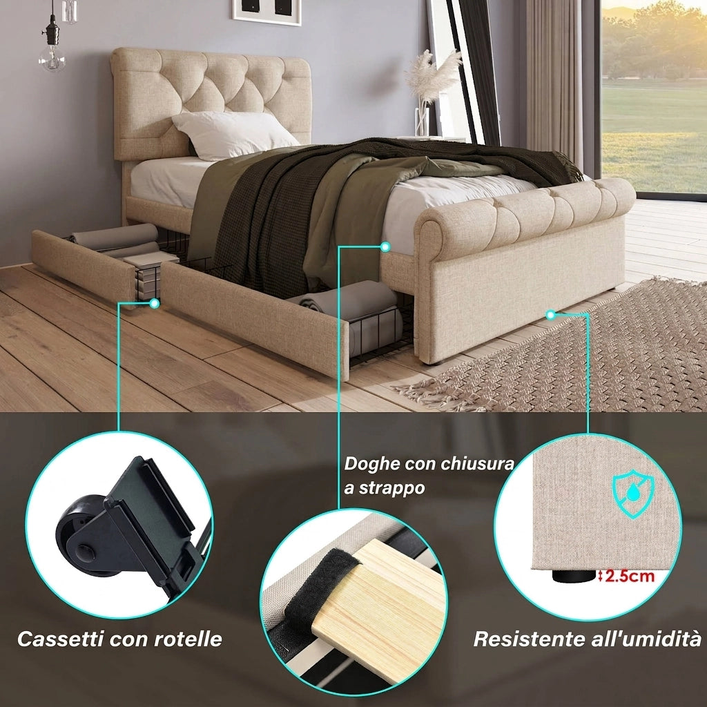 Letto singolo imbottito 90x200 struttura letto con 2 cassetti e testiera; Lino e Legno; Naturale