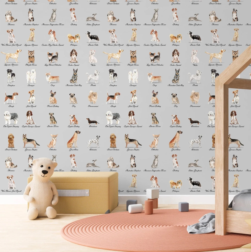 Carta da Parati Cani Sfondo Grigio Carta Vegana 250x200cm 5,5mq 