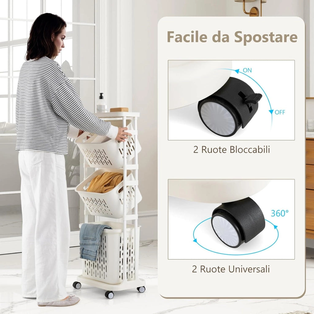 Carrello per Lavanderia a 3 Ripiani, Organizzatore per Bucato con 4 Ruote Girevoli e 3 Cestini, Carrello Sottile Multiuso per Bagno Lavanderia, 40 x 30 x 112 cm