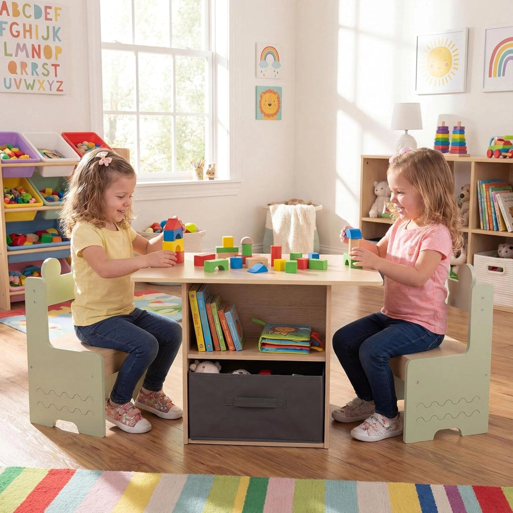 Set di Tavolo e 2 Sedie per Bambini 3+ Anni, Tavolo e 2 Sedie in Legno con Scomparti Doppio Lato e Cassetto Pieghevole in Tessuto, Ideale per Leggere, Giocare per Cameretta Bambini (Verde)