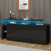 Credenza; 160x35x70 cm; con LED; elementi in vetro; finitura lucida; nero