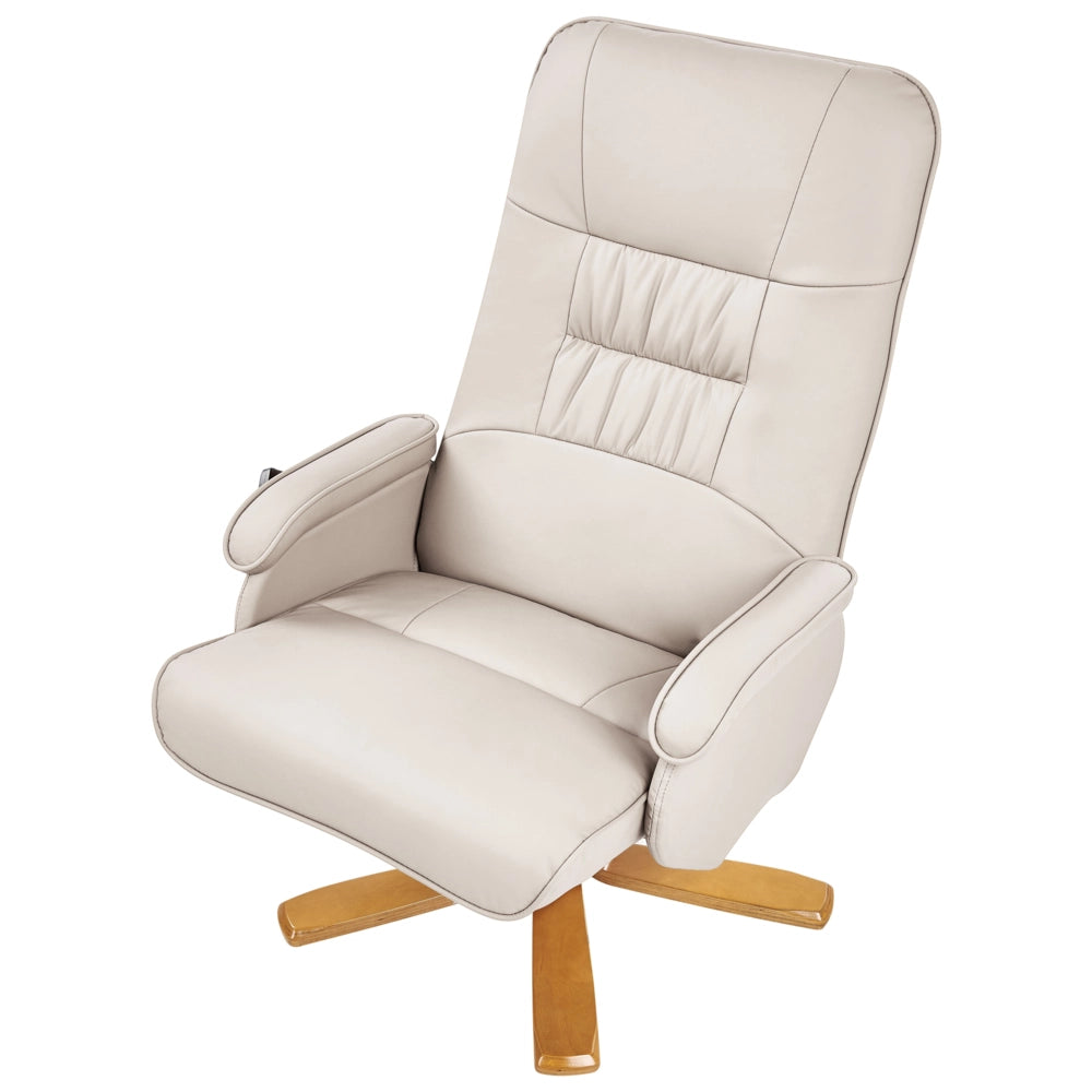 Poltrona reclinabile in similpelle beige chiaro con poggiapiedi, girevole, regolabile, massaggiante e riscaldante con sgabello
