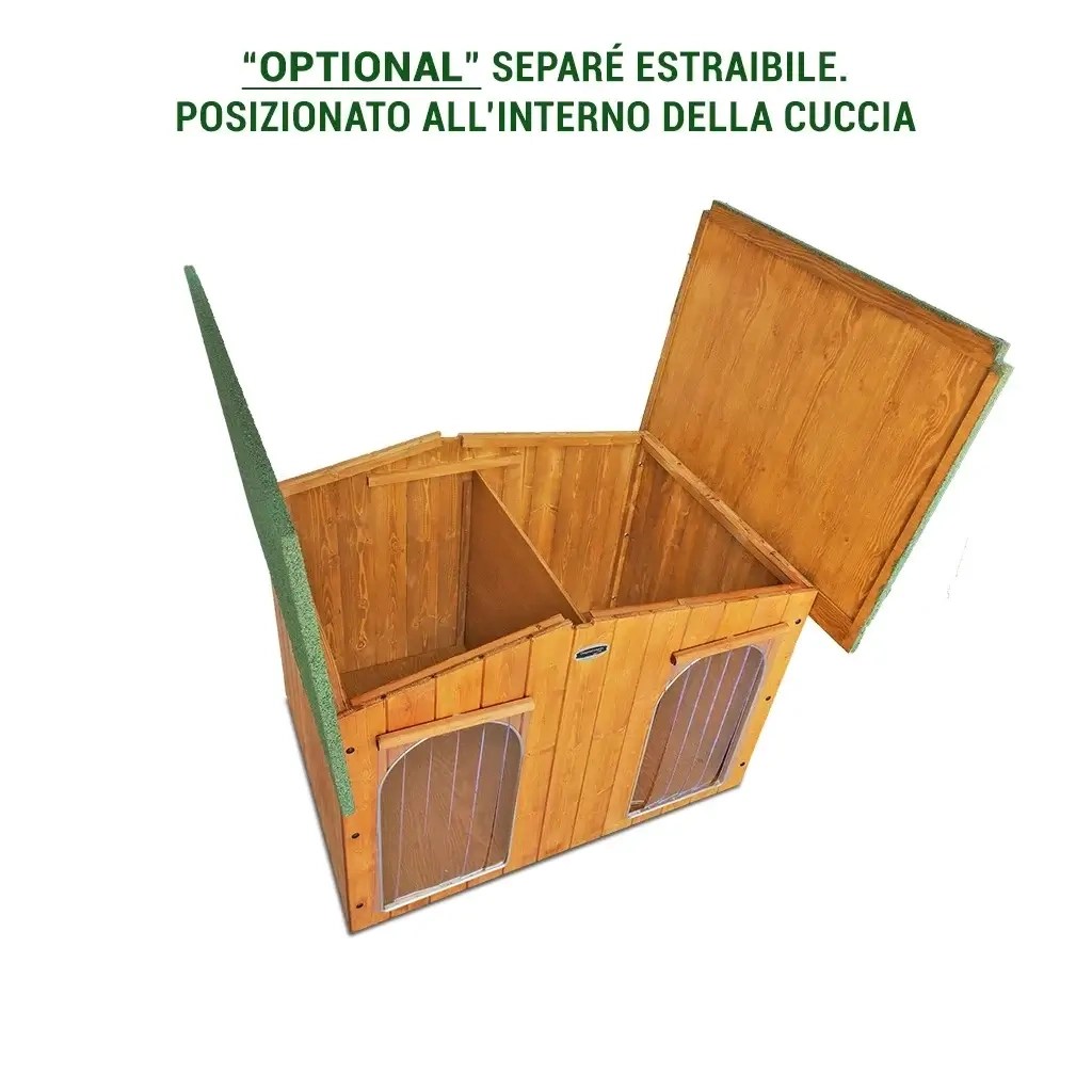 CUCCIA IN LEGNO PER CANI DA ESTERNO MISURA ALANO MOD OASI CON DUE INGRESSI E DAVANZALE CON SEPARÈ ESTRAIBILE CON 2 "TENDINE OMAGGIO" L.119 x P.153 x H.87