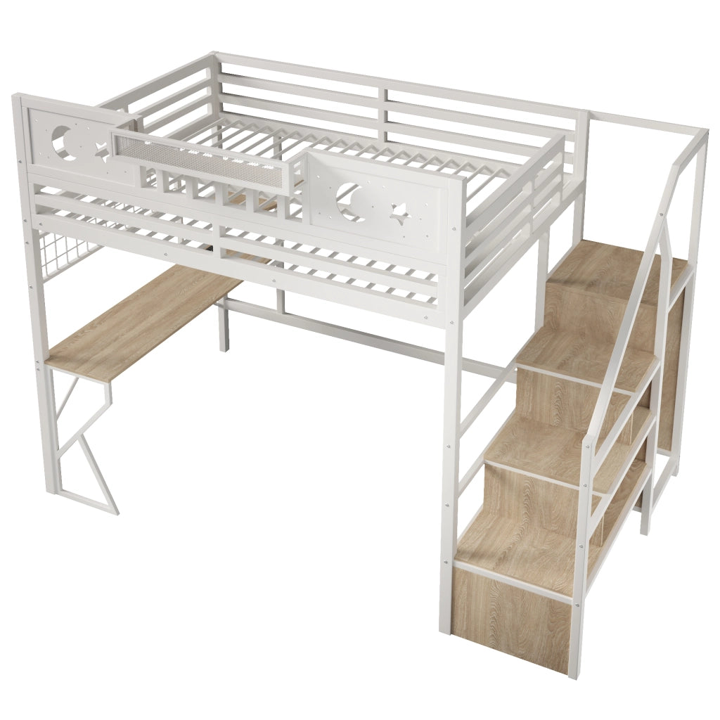 Letto a soppalco 140x200 con scrivania in metallo e MDF; LED; USB e scaffali; bianco