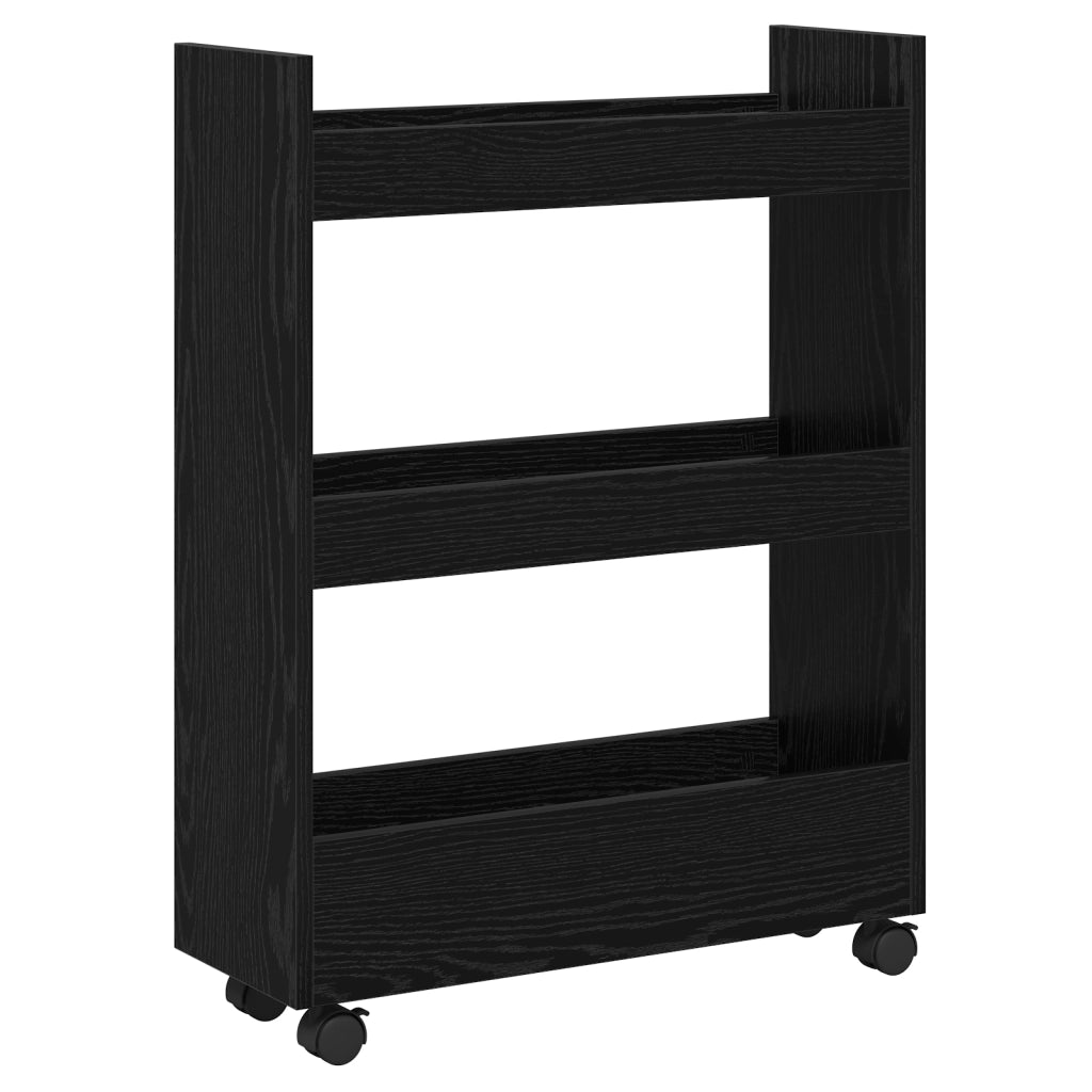 Carrello di Stoccaggio Stretto a 3 Ripiani in Rovere Nero Legno Ingegnerizzato