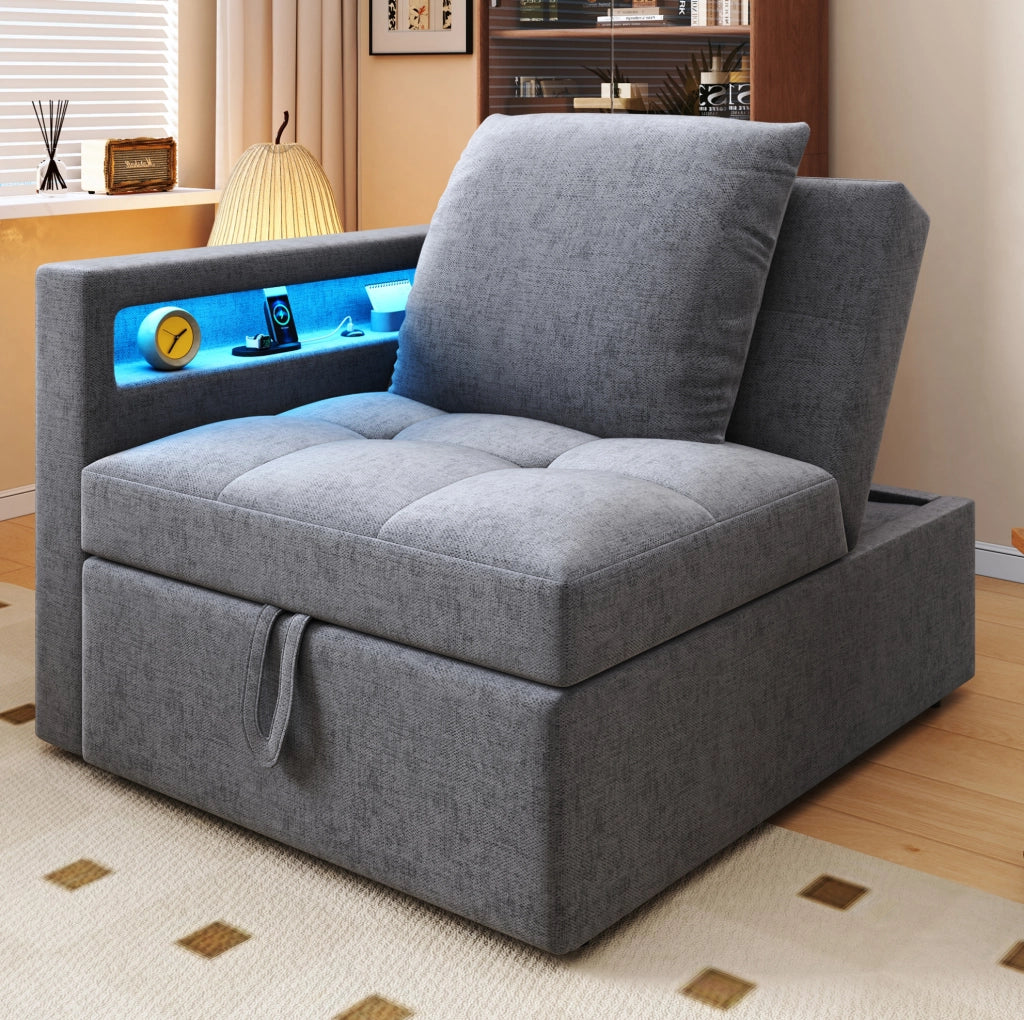 Divano letto 3 in 1 con schienale reclinabile; USB e LED; in lino; grigio chiaro