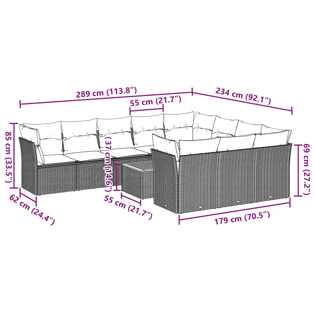 Set Divani da Giardino 11 pz con Cuscini in Polyrattan Grigio 3256173