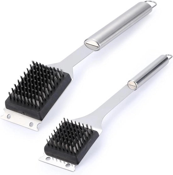 Set di 2 Pennelli per Grill e Spazzolino - 165 cm e 14 cm - Pennello per Grill in Acciaio Inox - Accessori per Grill Outdoor - Pennello per Pulizia Grill - Pulitore Grill Sicuro - Pennello per Grill per Uomo