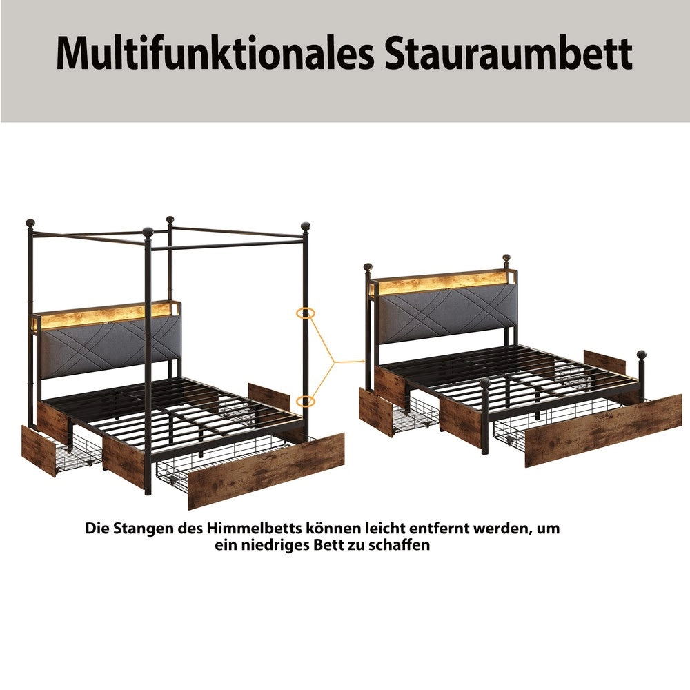 Letto Matrimoniale Contenitore con Baldacchino ¨C MINIMAL ¨C Nero, LED, USB, 3 Cassetti, 140x190