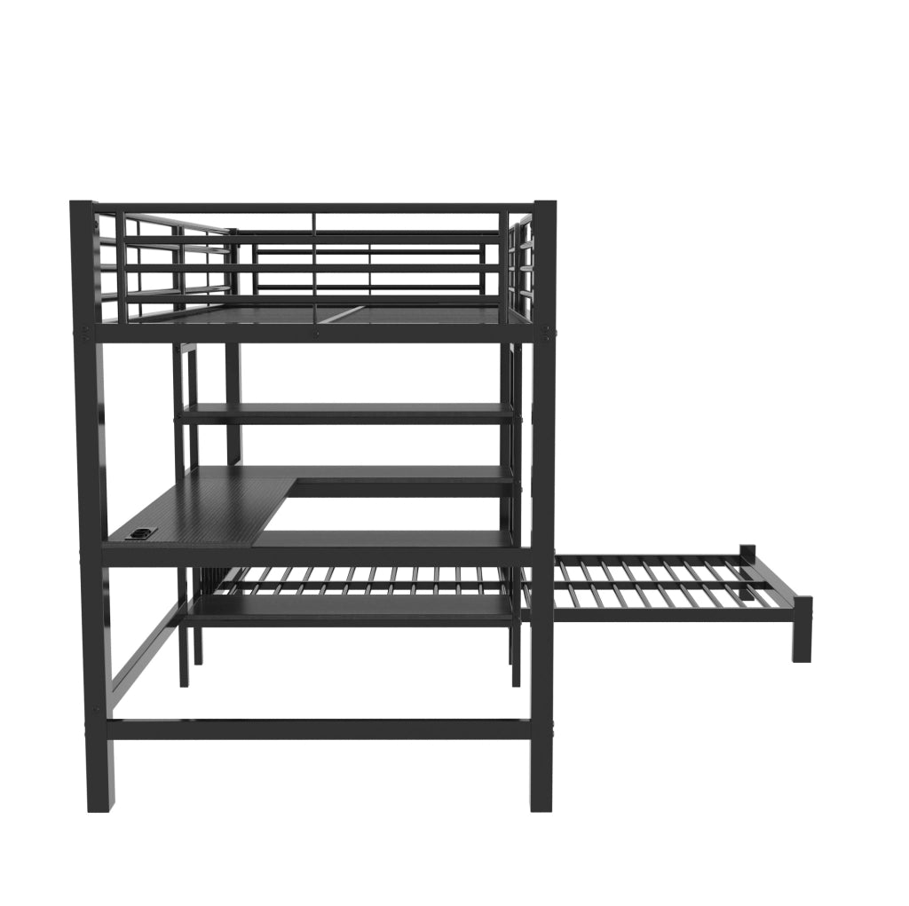 Letto a castello con scrivania; ripiani e prese USB/Type-C 90x200 cm; nero