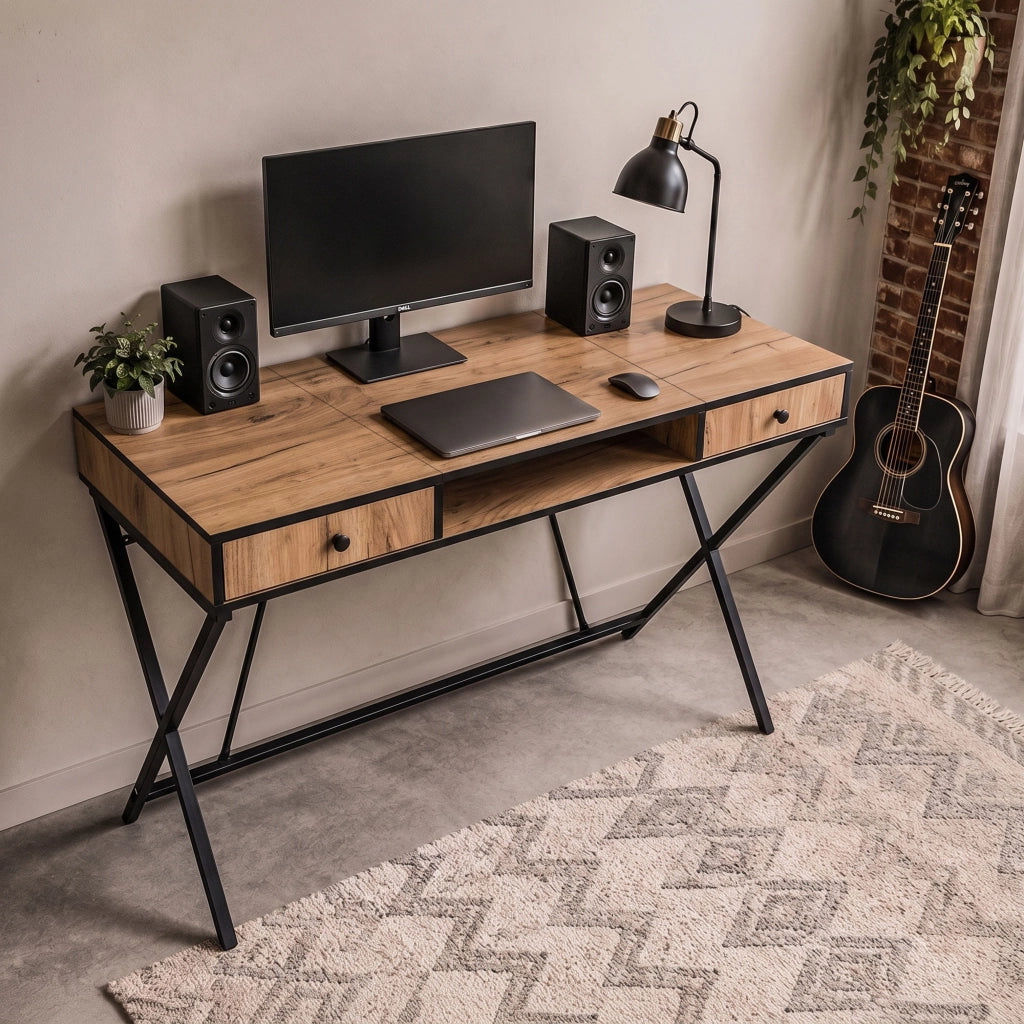 Scrivania PC industriale Rovere Craft CROSSLINE 120 cm 2 cassetti 1 ripiano gambe nere