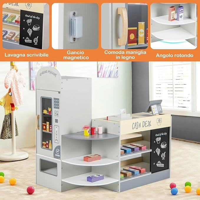 Negozio Alimentare per Bambini, Set di Giocattoli Supermercato in Legno con Cassa, Macchina POS, Distributore Automatico, Lavagna Scrivibile, per Bambini 3 - 8 Anni (Grigio)