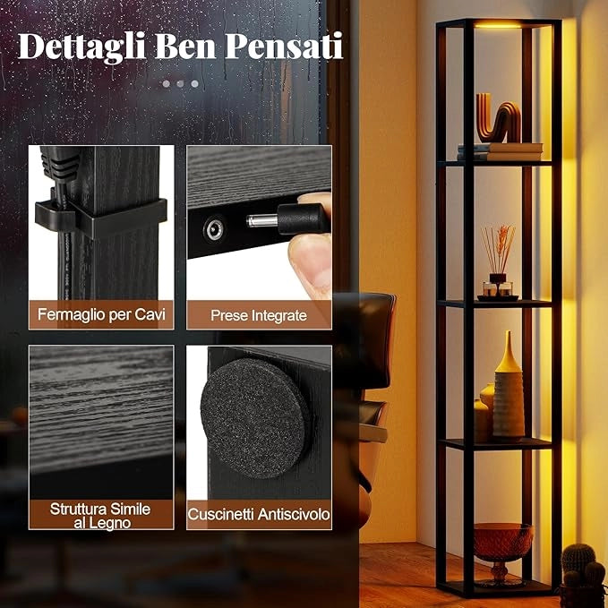 Lampada da Terra con Ripiani, Espositore Autoportante a 4 Livelli con Luci LED Dimmerabili a 3 Vie e Interruttore a Pedale, Lampada da Scaffale Moderna in Legno per Salotto e Studio