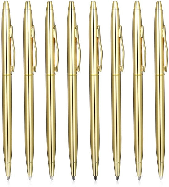 Penne a Bolla 8 Stuks - Penni Metallizzati Sottili - 1 mm Puntatura Media - Inchiostro Nero - Portatile - Finitura Oro - Penni