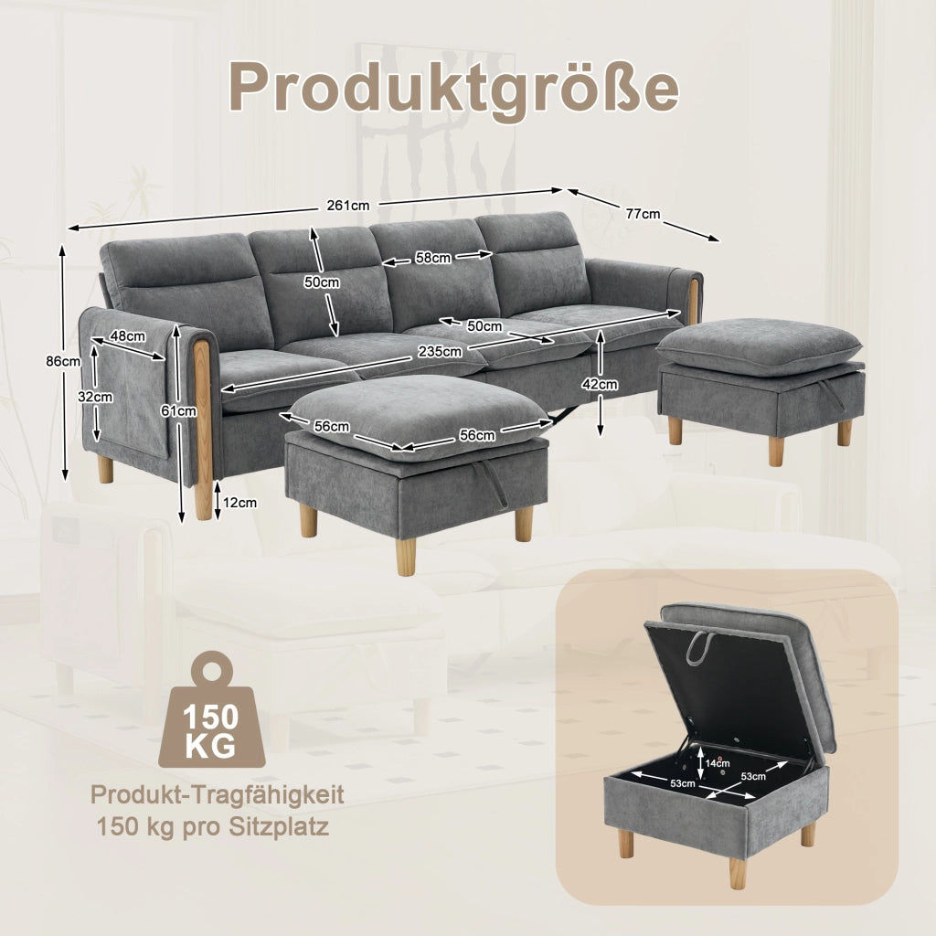 Divano a U modulare con 2 pouf contenitore e tasche laterali in chenille grigio chiaro per soggiorno 261 × 77 × 86 cm