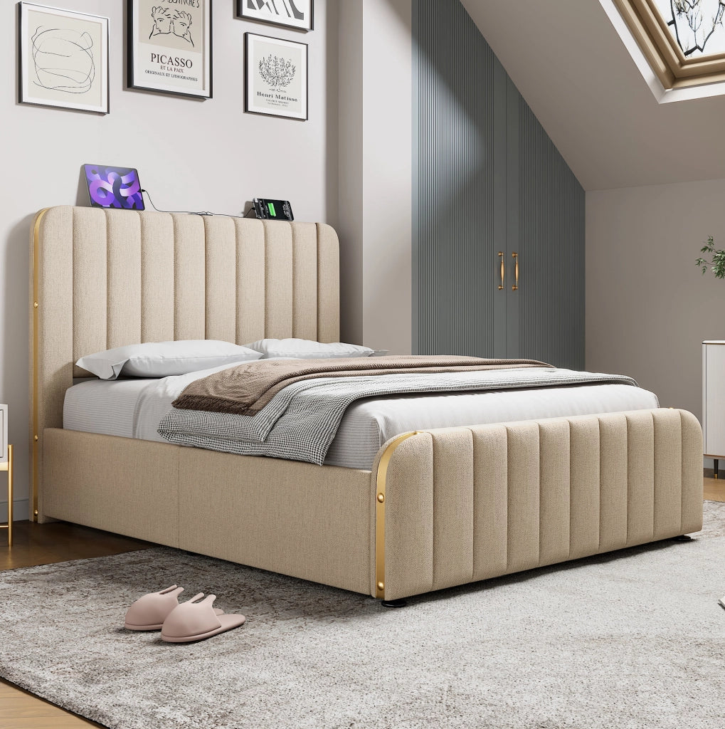 Letto imbottito 140x200 con testiera USB e contenitore idraulico