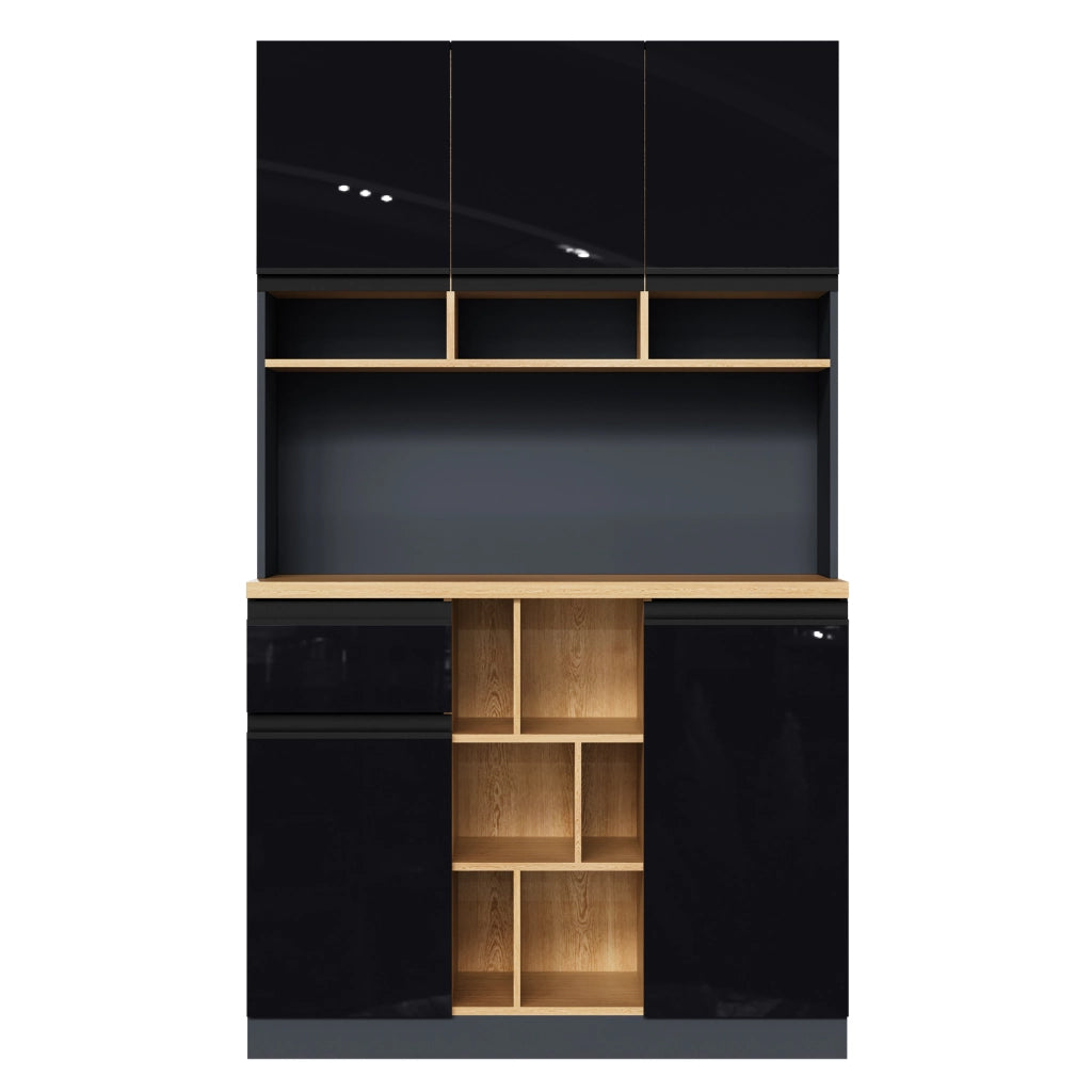 Credenza alta moderna 105×45×185 cm con ante lucide, cassetto, ripiani regolabili e vano aperto