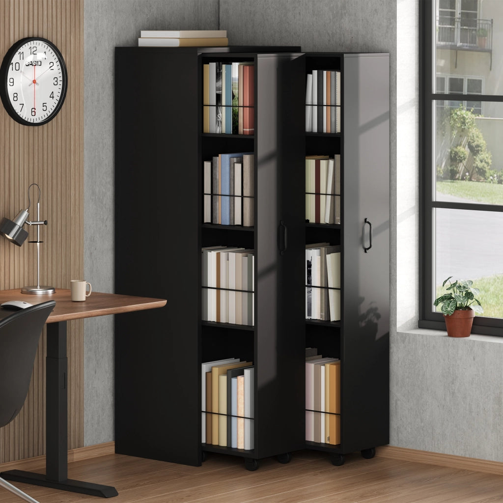 Libreria su ruote con 4 ripiani e moduli reversibili - per soggiorno - nera - 51.5×41×158 cm