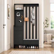 Guardaroba da ingresso 6 in 1 con panca imbottita, pannello forato e 4 ganci, nero