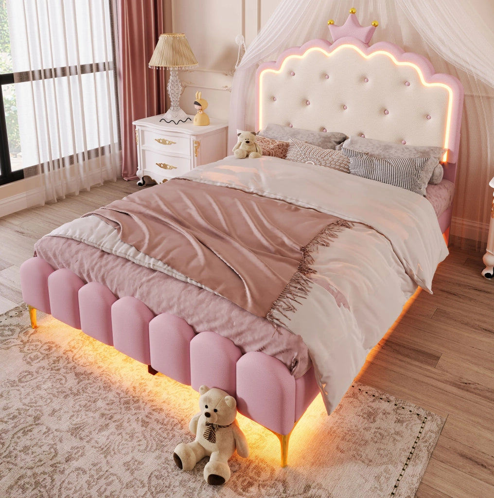 Letto principessa 140x200 cm con luci LED controllabili da app; PU; rosa (Senza materasso)