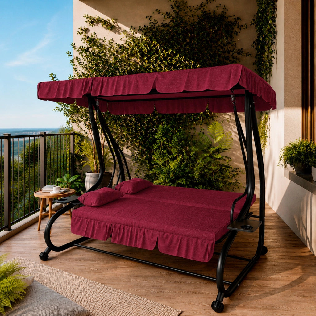 Dondolo 3 Posti Reclinabile Madeira Tettuccio Parasole Regolabile Cuscini Imbottiti Diventa Letto Struttura Robusta In Acciaio Verniciato Giardino Esterno Balcone Terrazzo 200 x 120 x 160 cm Bordeaux
