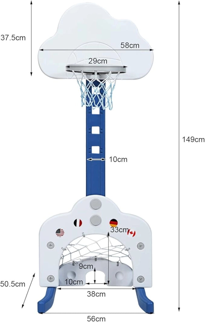Basket per Bambini Centro attività Multifunzione - Palla Canestro, Calcio e Golf, Mazza da Golf e Palle incluese, per Bambini, Altezza Regolabile (Nuvola Bianca)