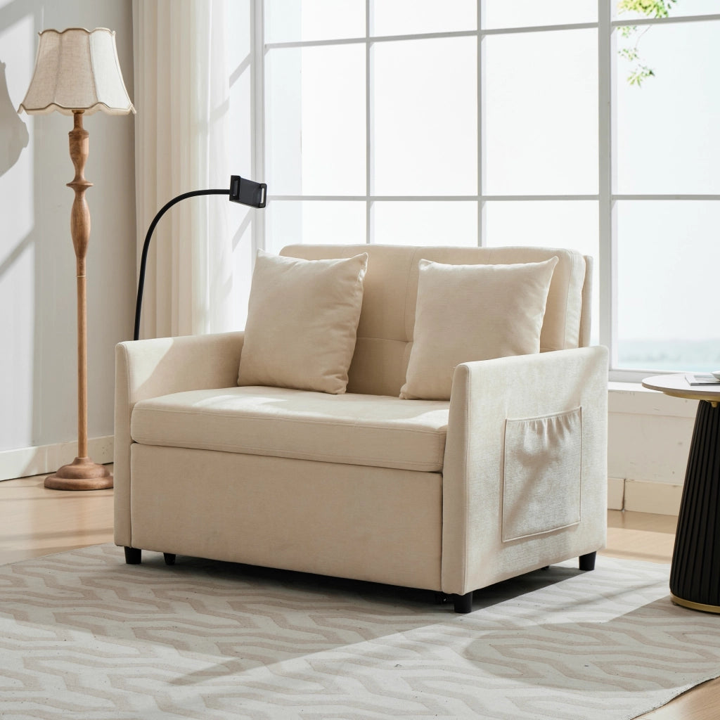 Divano letto multifunzione con porta USB e supporto tablet in tessuto lino spazzolato beige 109 × 72 × 83,5 cm