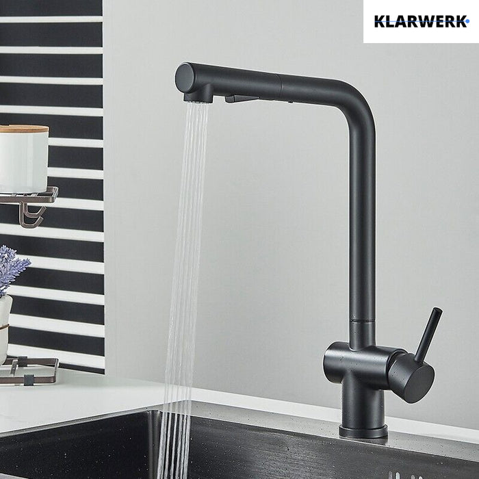 FELICE| Rubinetto da cucina estraibile Premium in acciaio inox nero opaco | Miscelatore canna dritta | Rubinetto gastro alta pressione 360° 2 attacchi