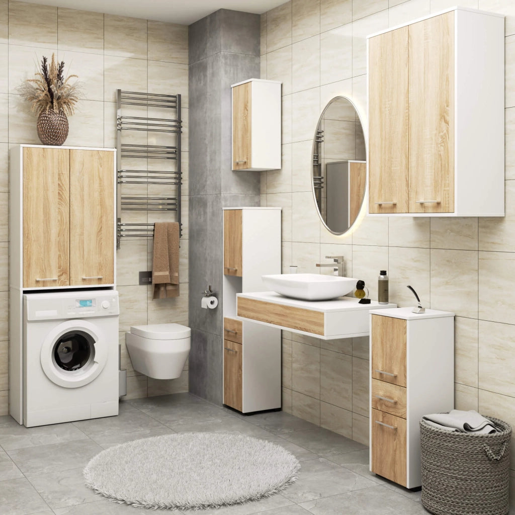 Mobile bagno sospeso AKORD FIN W64 H934 Bianco, Quercia Sonoma 2 ante 64x94x30 cm