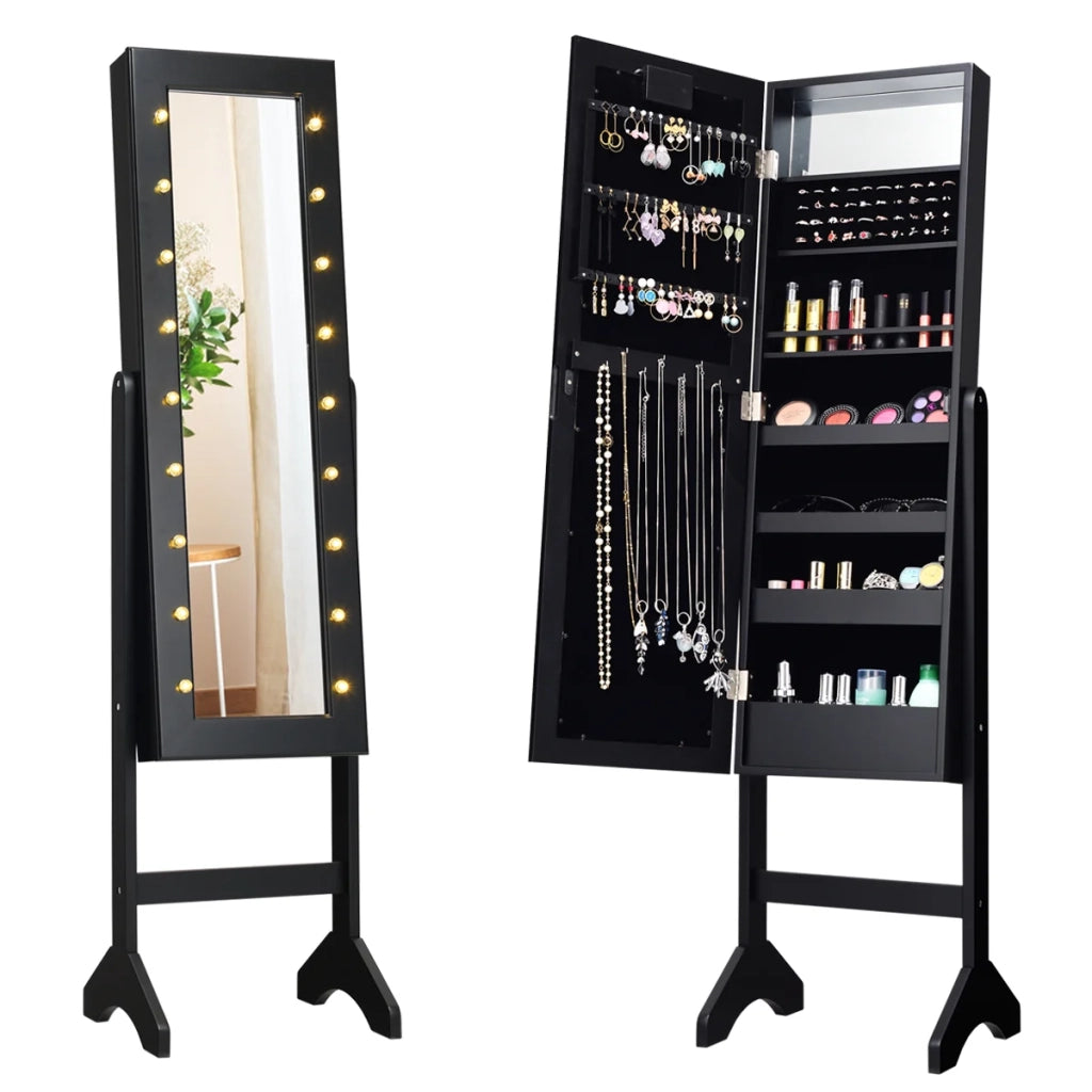 Mobile portagioielli indipendente con specchio e 18 LED 35 x 31,5 x 145 cm pratico e moderno in MDF nero 20_0010379