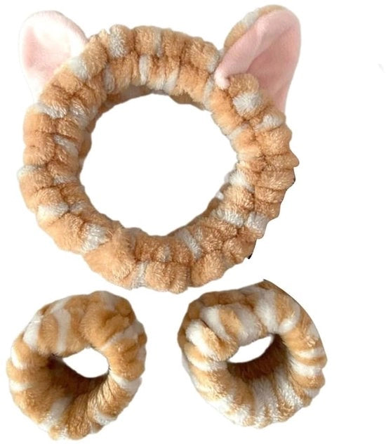 Set di accessori per capelli, comprensivo di un fascia per capelli e due elastici per capelli, accessori per capelli elastici, orecchino peluche per gatti, adatto per la pulizia del viso e la rimozione del make-up