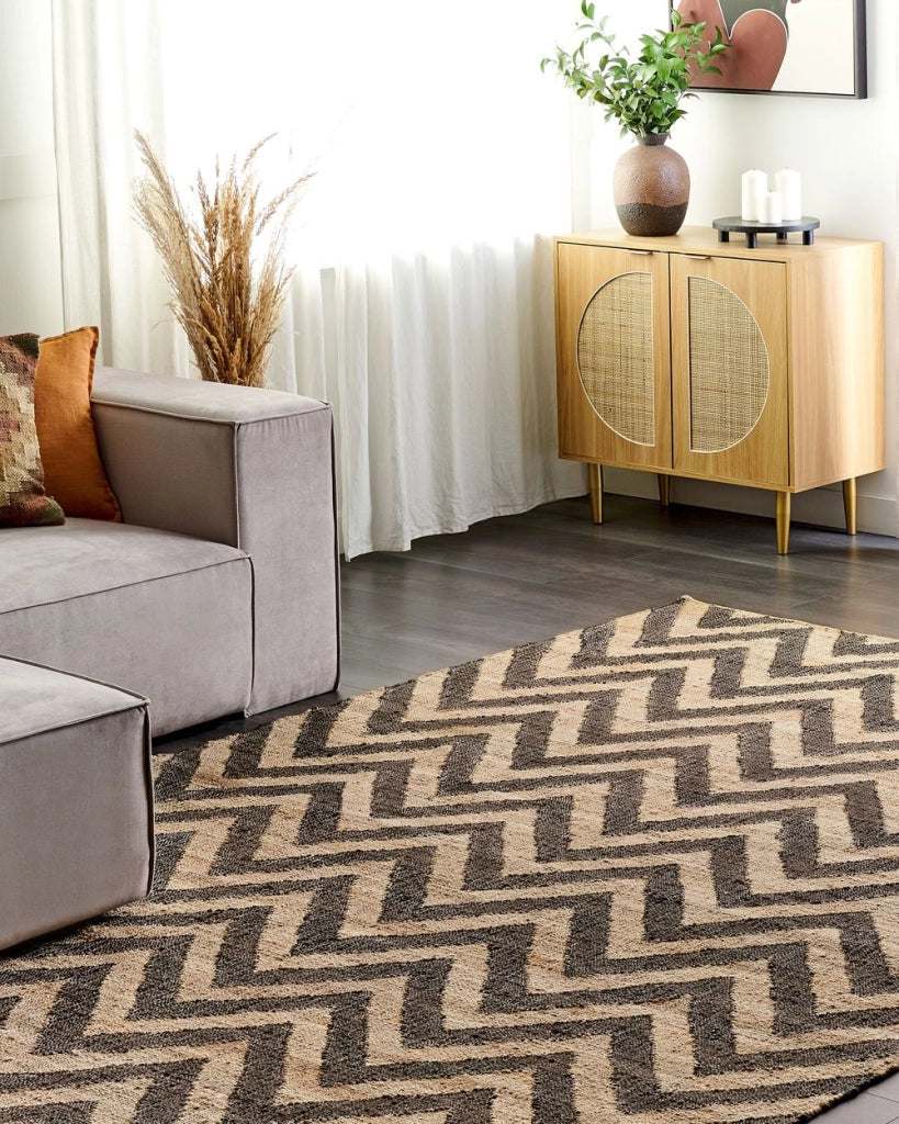 Tappeto di iuta naturale intrecciata con motivo geometrico beige e nero 200 x 300 cm stile boho camera da letto soggiorno