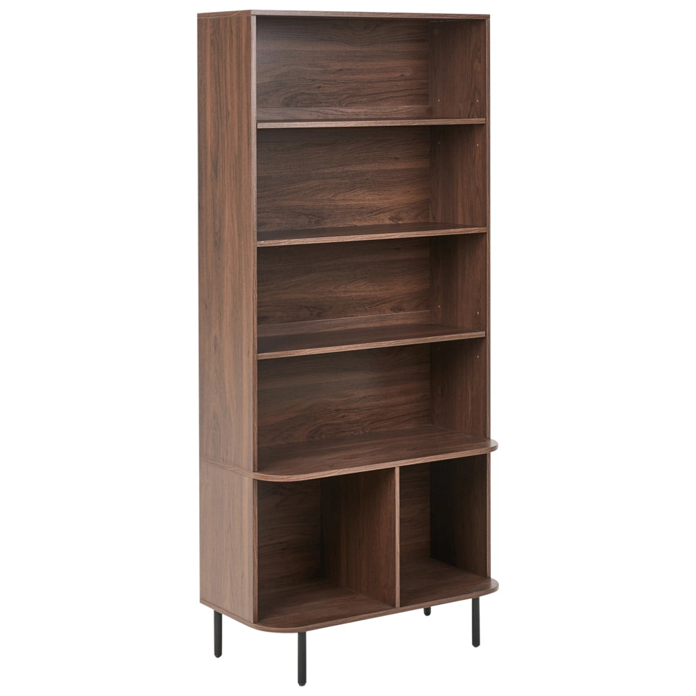 Libreria a 5 ripiani in MDF, impiallacciatura di carta, truciolato e ferro laminato, colore marrone scuro