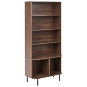 Libreria a 5 ripiani in MDF, impiallacciatura di carta, truciolato e ferro laminato, colore marrone scuro