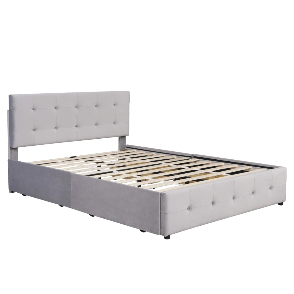 Letto imbottito 140x200 cm con 4 cassetti; testiera e rete a doghe; grigio