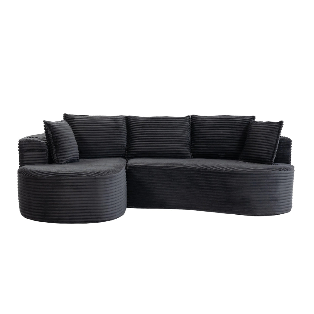 Divano diritto in velluto con portabicchieri e tasca laterale; grigio scuro; 250 Ã— 152 Ã— 82 cm