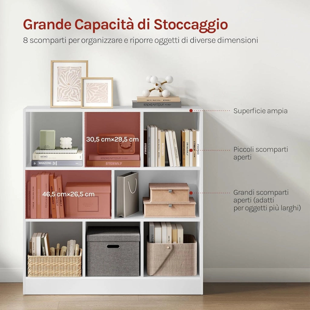 Libreria Scaffale Espositore Bianca con 3 Ripiani Mobiletto in Legno 8 Cubi Aperti Armadio da Esposizione per Soggiorno Ufficio e Cameretta 98X30X100cm SK021cm