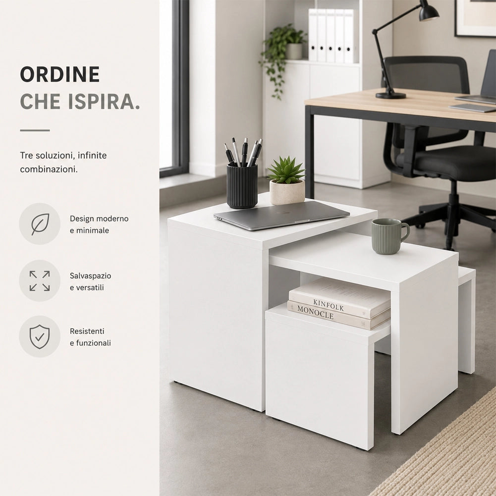 Tavolino Caffe Divano Salotto Rettangolare 3Pz Design Moderno Legno Bianco