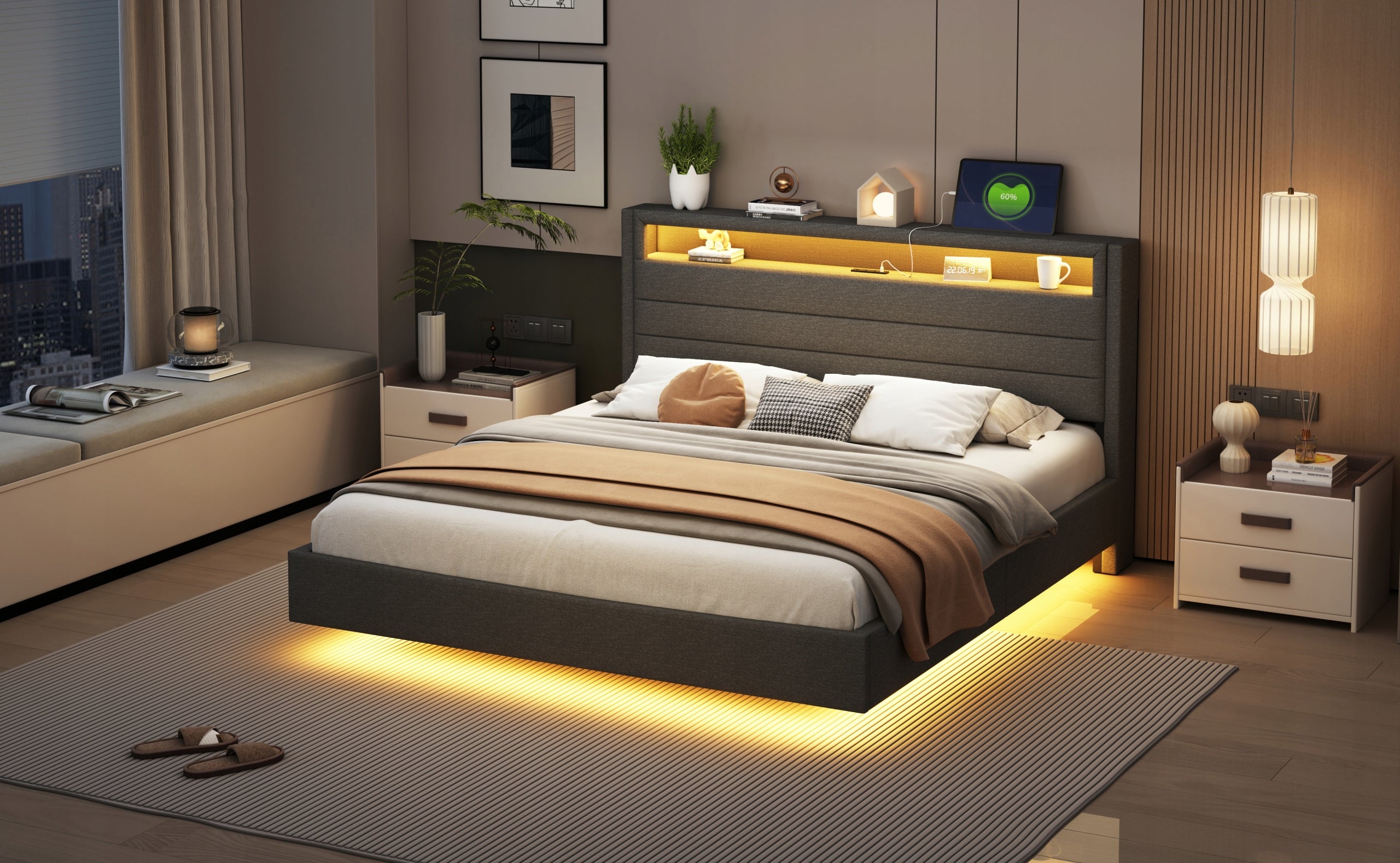 Letto imbottito 160x200 - Xylo - Grigio con USB e LED