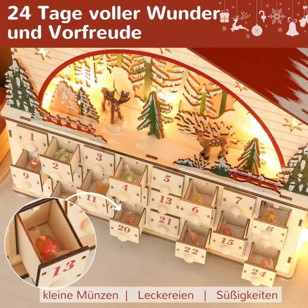 Calendario dell'Avvento in legno naturale con 24 cassetti e luci LED ¨C Xylo ¨C 36x10x34 cm