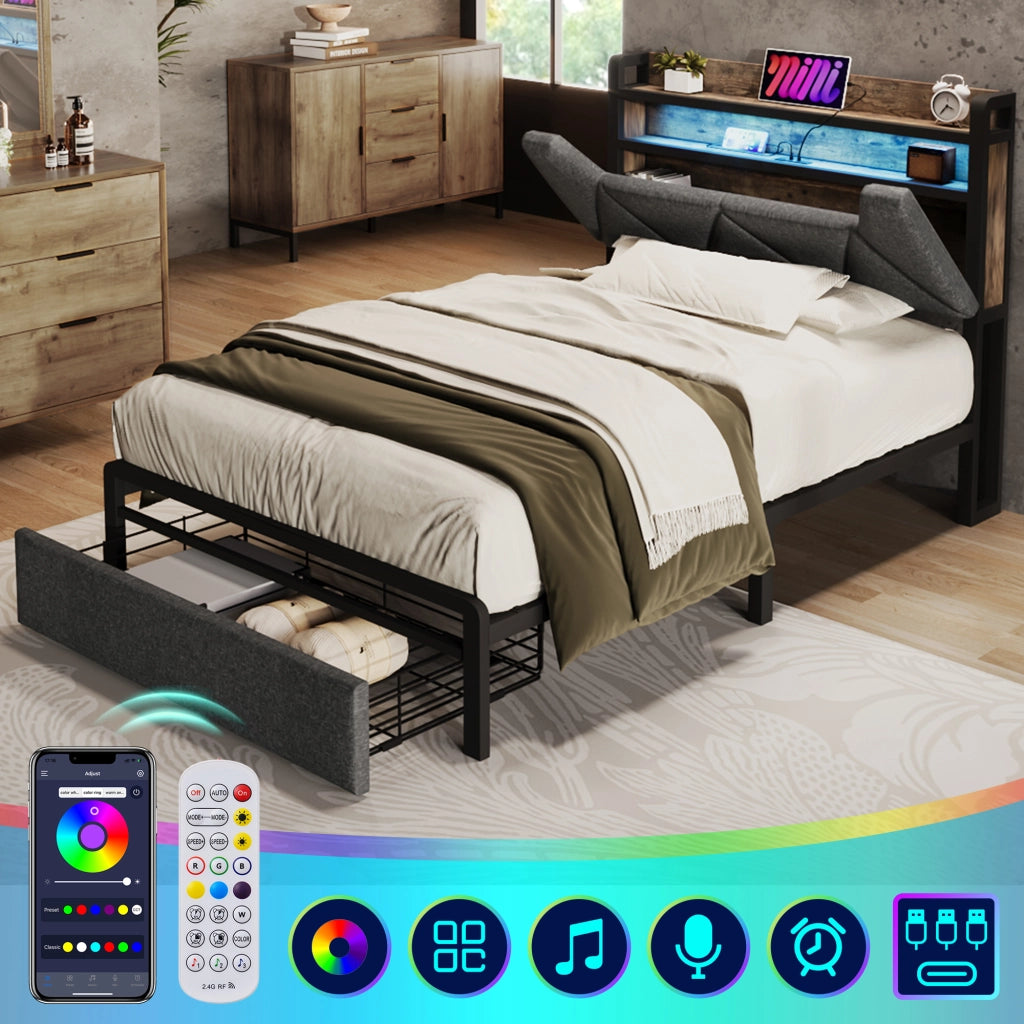 LETTO 90x200 cm in lino grigio con testiera contenitore, LED e cassetti